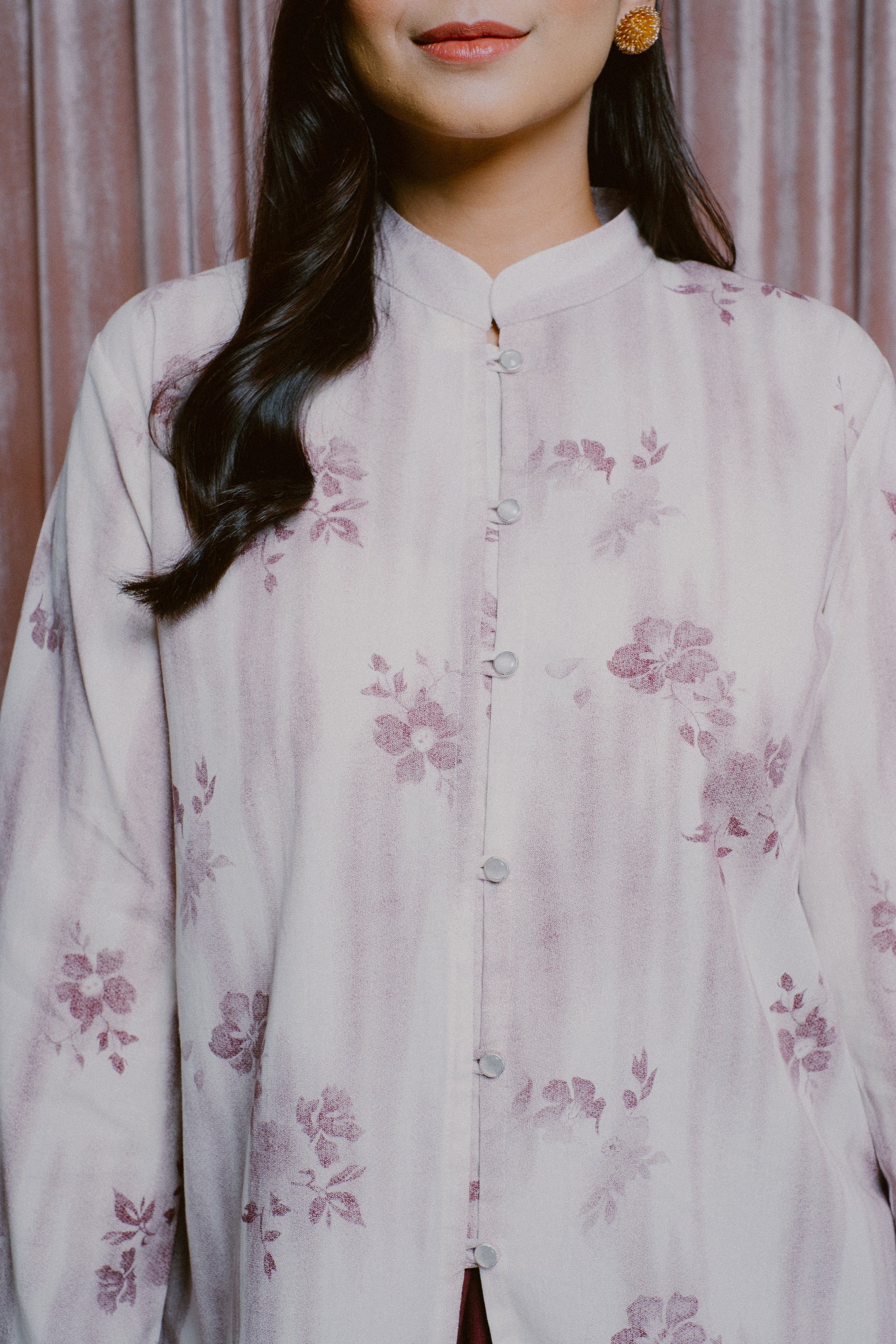Lembayung Kurung Cekak Musang TOP - Printed Maroon