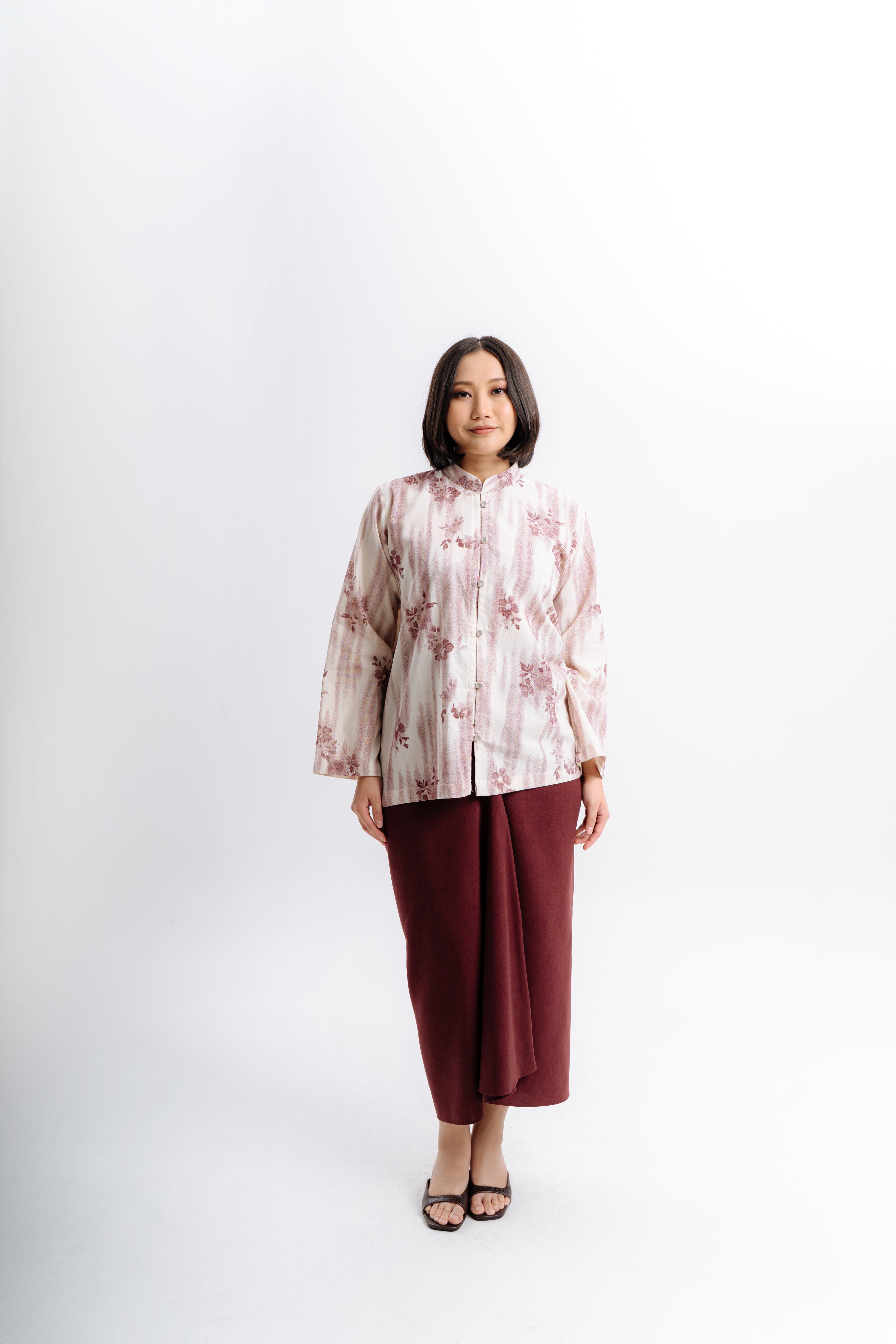 Lembayung Kurung Cekak Musang TOP - Printed Maroon