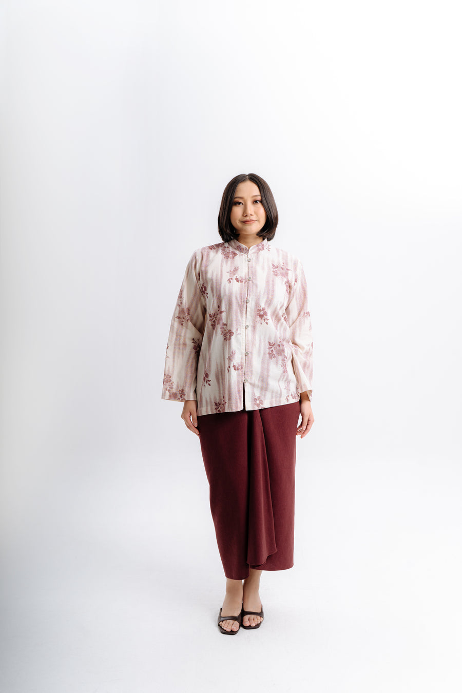 Lembayung Kurung Cekak Musang TOP - Printed Maroon